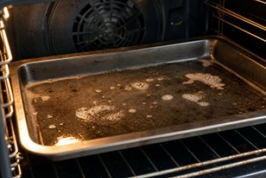 Духовка отмывается сама, пока я пью чай: всего 1 "шипучий" противень — и нагар сползает как пленка